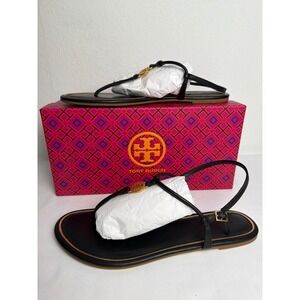 Tory Burch Emmy Flat Sandals Black Leather Gold Logo Thong Size 9M